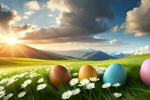 easter eggs in a field with daisies and mountains. AI-Generated photo