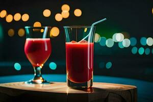 two glasses of red juice on a wooden table. AI-Generated photo