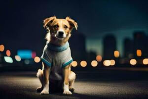 a dog wearing a sweater in front of a city at night. AI-Generated photo