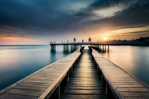 a pier with a long wooden boardwalk leading to the ocean. AI-Generated photo