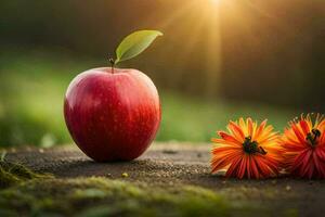 an apple and flowers on a table with the sun shining. AI-Generated photo