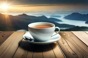 a cup of tea on a wooden table with mountains in the background. AI-Generated photo