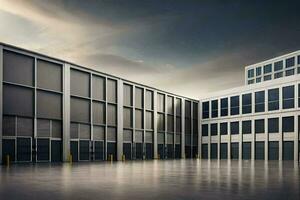 a large warehouse building with a sky background. AI-Generated photo