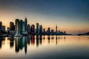 the city skyline is reflected in the water at sunset. AI-Generated photo