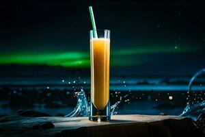 a glass of orange juice with a green straw. AI-Generated photo