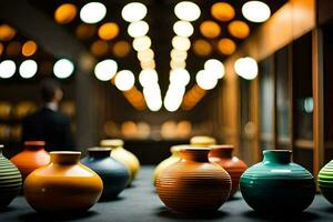 a row of colorful vases sit on a table. AI-Generated photo