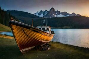 a boat sits on the shore of a lake at sunset. AI-Generated photo