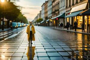 a woman in yellow coat standing on a wet street. AI-Generated photo