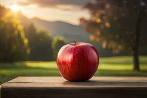an apple sits on a wooden table in front of a field. AI-Generated photo