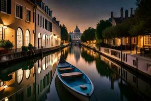 a boat is docked in a canal at night. AI-Generated photo