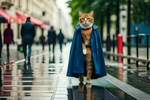 a cat wearing a blue coat and standing on a wet street. AI-Generated photo