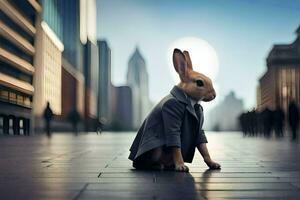 a rabbit in a suit sitting on the ground. AI-Generated photo