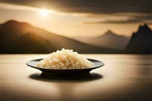 a bowl of rice on a table in front of mountains. AI-Generated photo