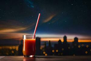 a glass of juice with a straw on a table in front of a cityscape. AI-Generated photo