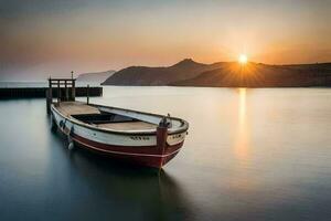 a boat sits on the water at sunset. AI-Generated photo