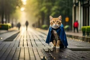 a cat wearing a cape on a street. AI-Generated photo