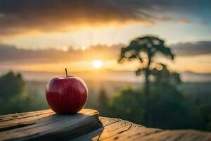 a red apple sits on a wooden table in front of a sunset. AI-Generated photo