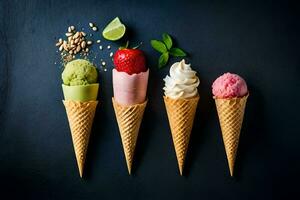 four ice cream cones with different flavors. AI-Generated photo