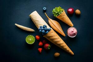 ice cream in a cone with berries and nuts. AI-Generated photo