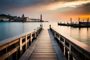 un muelle Guías a un hermosa ver de un ciudad a puesta de sol. generado por ai foto