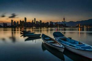 boats docked in the water at sunset with city skyline in the background. AI-Generated photo