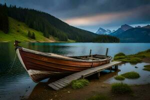 un barco en el lago. generado por ai foto