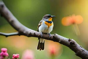 un pequeño pájaro es sentado en un rama. generado por ai foto