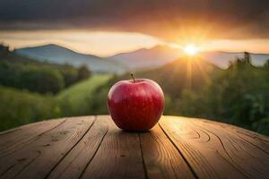 an apple sits on a wooden table in front of a sunset. AI-Generated photo