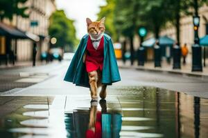 a cat dressed as a superhero walks down a street. AI-Generated photo