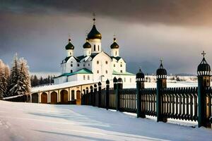 a church in the snow with a fence and trees. AI-Generated photo