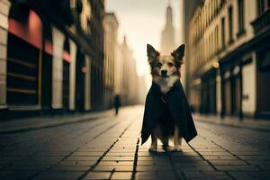 a dog wearing a cape standing on a street. AI-Generated photo