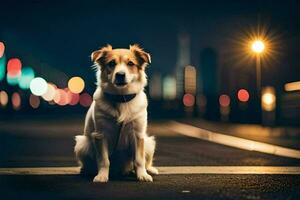 un perro sentado en el calle a noche con luces en el antecedentes. generado por ai foto