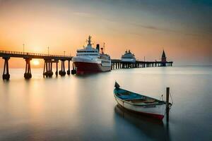 un barco se sienta a el muelle como el Dom conjuntos generado por ai foto