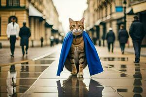 un gato vistiendo un azul capa camina abajo un calle. generado por ai foto