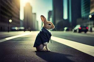 a rabbit in a suit is sitting on the street. AI-Generated photo