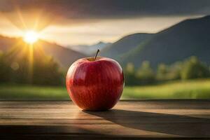 an apple sits on a table in front of a mountain. AI-Generated photo