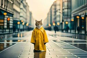 a cat in a raincoat standing on a street. AI-Generated photo