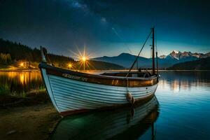 a boat sits on the shore at night. AI-Generated photo