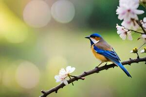 a blue and yellow bird is perched on a branch. AI-Generated photo