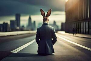 a rabbit in a suit sitting on the road. AI-Generated photo