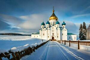 un Iglesia en el nieve con un dorado cúpula. generado por ai foto