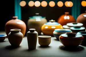 a group of vases and bowls sit on a table. AI-Generated photo