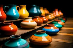 colorful vases on a shelf. AI-Generated photo