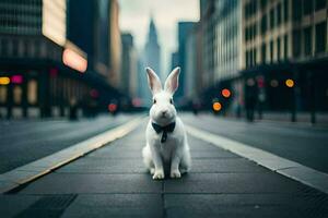 un blanco Conejo sentado en el calle en frente de un ciudad. generado por ai foto