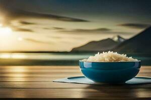 rice in a bowl on a table. AI-Generated photo