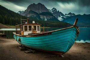 un barco se sienta en el apuntalar de un lago. generado por ai foto