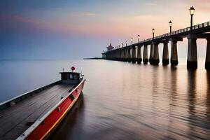 a boat is docked at the end of a pier. AI-Generated photo