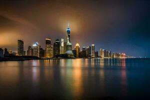 the city skyline at night in shanghai. AI-Generated photo