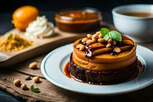 a dessert with nuts and peanut butter on top. AI-Generated photo