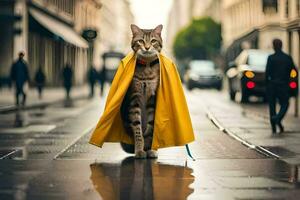 a cat wearing a yellow raincoat on a city street. AI-Generated photo